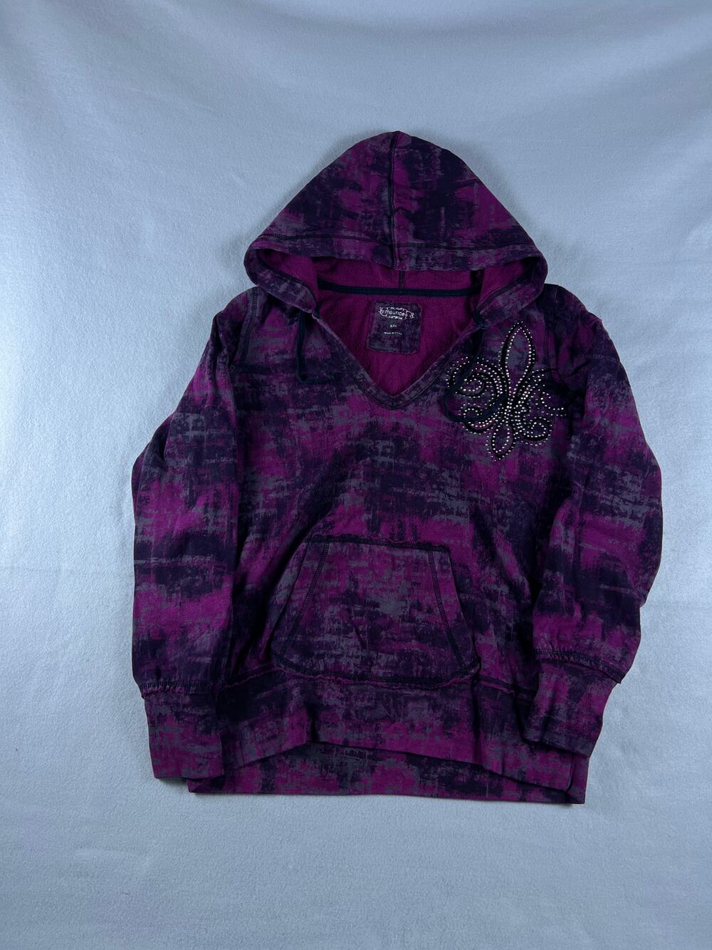 Maurices Hoodie Womens 2XL Purple Acid Wash Rhinestone Fleur De Lis Sweatshirt
